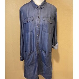 Citron Bleu Dark Chambray Long Sleeve Button Up Shirt Dress, Size‎ Medium